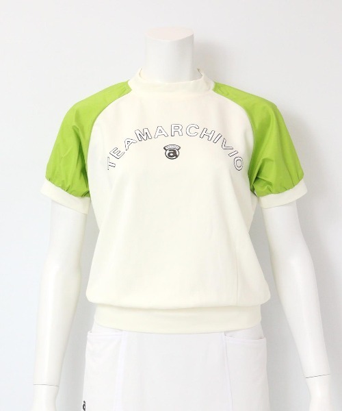 archivio(アルチビオ)の「<LADIES>異素材切替半袖プルオーバー(Tシャツ/カットソー・レディース・ホワイト×グリーン/ホワイト×ブラウン/ホワイト×ネイビー・S/M/L)」の2枚目の写真