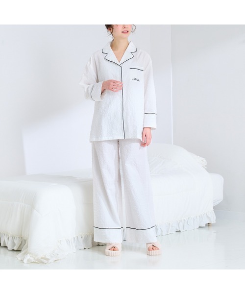 ロゴ刺繍 チェックジャガードパジャマ ホワイト（ルームウェア