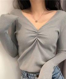 【Jasmine】Vネックリブ編みニットトップス