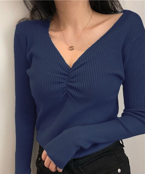 Jasmine Grandiflorum(ジャスミングランディフローラム)の「【Jasmine】Vネックリブ編みニットトップス(Tシャツ/カットソー・レディース・ネイビー/グレー/ベージュ/ピンク/ホワイト/ブラック/ブルー・FREE)」の7枚目の写真