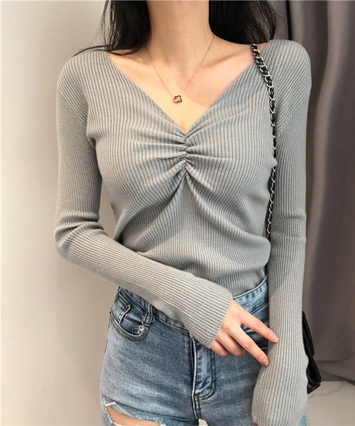 Jasmine Grandiflorum(ジャスミングランディフローラム)の「【Jasmine】Vネックリブ編みニットトップス(Tシャツ/カットソー・レディース・ネイビー/グレー/ベージュ/ピンク/ホワイト/ブラック/ブルー・FREE)」の21枚目の写真