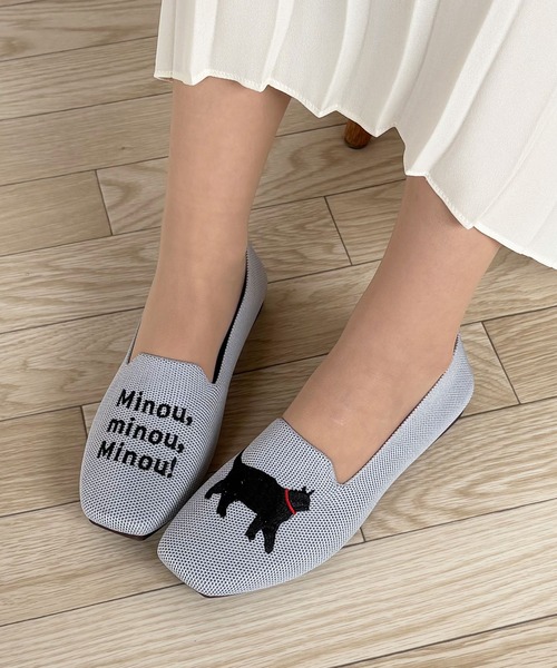セール】洗える 軽量 ローヒール スクエア 猫刺繍 アニマル ニット
