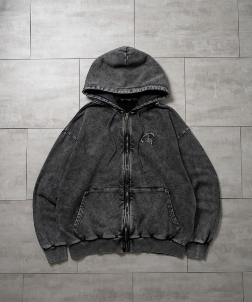 セール】one point stitch spray processing full zip hoodie