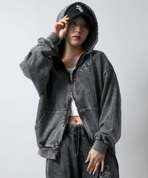 セール】one point stitch spray processing full zip hoodie