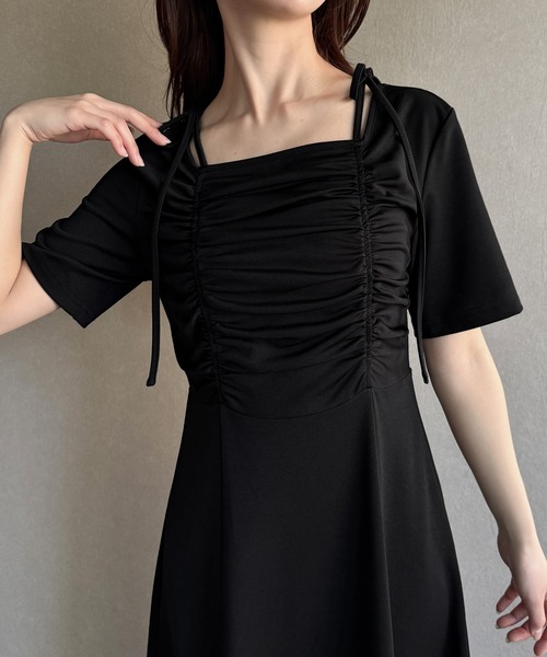 junoah(ジュノア)の「ギャザーデザインリボンフレア薄手カットソーワンピース【ペチスカートセット】(ワンピース・レディース・チャコール/ネイビー/ブラック・SMALL/MEDIUM/LARGE)」の9枚目の写真