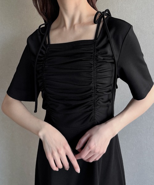 junoah(ジュノア)の「ギャザーデザインリボンフレア薄手カットソーワンピース【ペチスカートセット】(ワンピース・レディース・チャコール/ネイビー/ブラック・SMALL/MEDIUM/LARGE)」の10枚目の写真