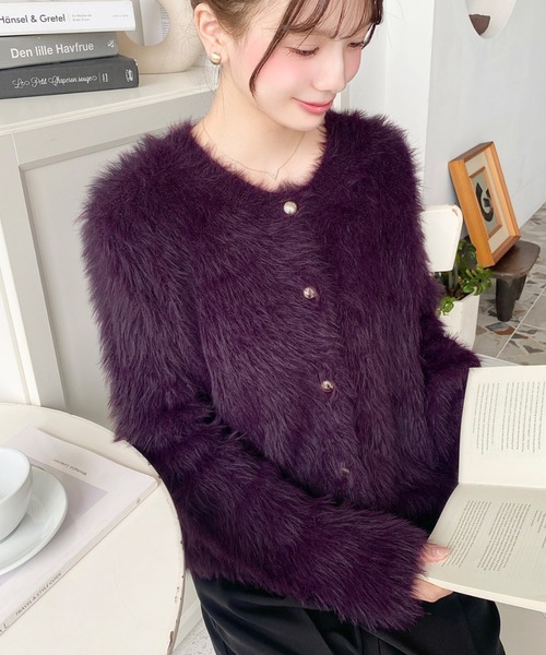 セール】金ボタンロングフェザーショート丈ニットカーディガン