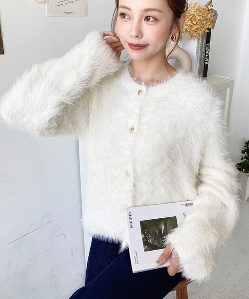 セール】金ボタンロングフェザーショート丈ニットカーディガン