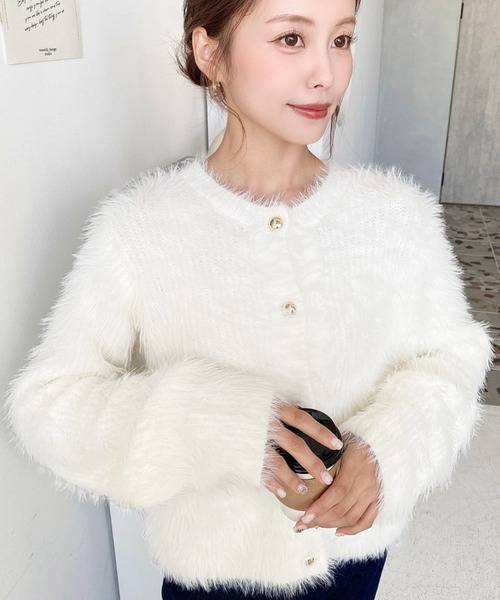 セール】金ボタンロングフェザーショート丈ニットカーディガン