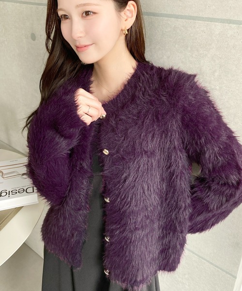 セール】金ボタンロングフェザーショート丈ニットカーディガン