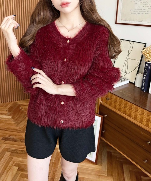 セール】金ボタンロングフェザーショート丈ニットカーディガン