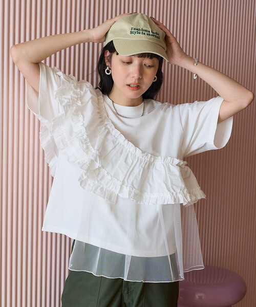 フリル襟Tシャツ　25AW セール】＜新色追加＞フリルチュールドッキングTシャツ（Tシャツ