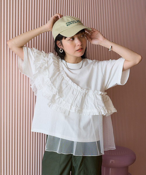 microwave オレンジ Tシャツ チュールフリル 新品　未使用　タグ付き wee9s tシャツ cheer frill tee / ドッキングチュールチアー