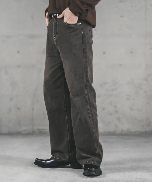 セール】Brown wash wide straight denim pants / ブラウン