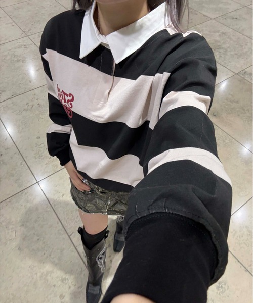 sedacle（セダクル）の「ボーダーラガーシャツ（Tシャツ/カットソー・レディース・グリーン/ベージュ・LARGE/MEDIUM/SMALL）」の2枚目の写真
