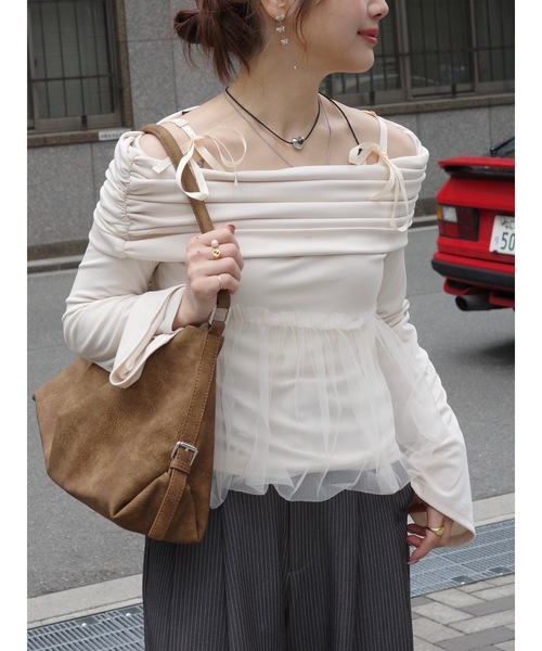tシャツ tulle off shoulder top レディース tulle off shoulder top（Tシャツ/カットソー）｜jumelle