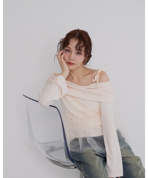 tシャツ tulle off shoulder top レディース tulle off shoulder top（Tシャツ/カットソー）｜jumelle