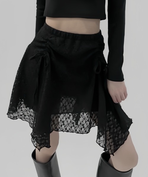 GORGE（ゴージ）の「《リボン×フリルレース》レディース ミニスカート レイヤード風デザイン 春夏秋（スカート・レディース・ブラック/オフホワイト・F）」の2枚目の写真