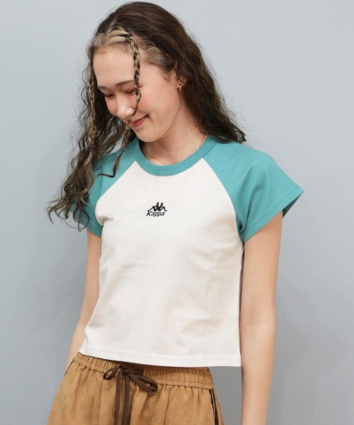 Kappa(カッパ)の「Kappa/カッパ 刺繍ロゴ ショート丈 半袖Tシャツ ミニTシャツ 215936(Tシャツ/カットソー・レディース・ホワイト/ライトブルー/ブラック・L/M)」の1枚目の写真