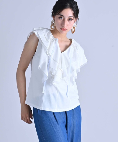 RAW FUDGE（ローファッジ）の「シルケット天竺フリルプルオーバー（Tシャツ/カットソー・レディース・オフホワイト/ブラック/チャコールグレー・M）」の2枚目の写真