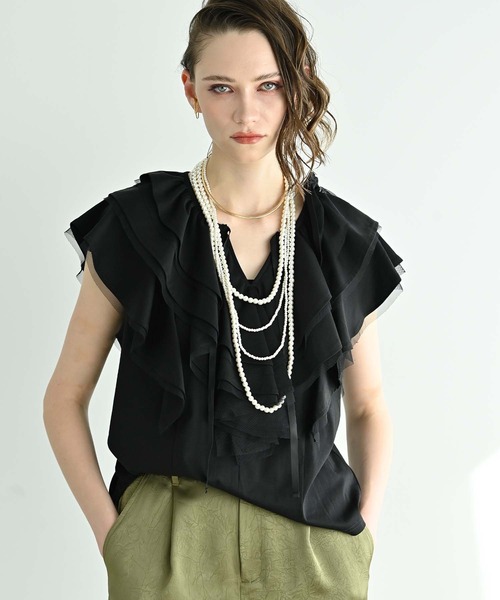 RAW FUDGE（ローファッジ）の「シルケット天竺フリルプルオーバー（Tシャツ/カットソー・レディース・オフホワイト/ブラック/チャコールグレー・M）」の4枚目の写真