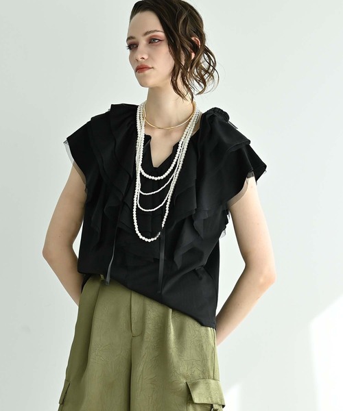 RAW FUDGE（ローファッジ）の「シルケット天竺フリルプルオーバー（Tシャツ/カットソー・レディース・オフホワイト/ブラック/チャコールグレー・M）」の5枚目の写真