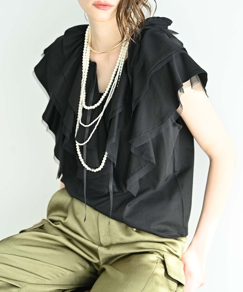 RAW FUDGE（ローファッジ）の「シルケット天竺フリルプルオーバー（Tシャツ/カットソー・レディース・オフホワイト/ブラック/チャコールグレー・M）」の8枚目の写真