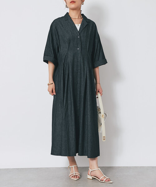 un dix cors（アンディコール）の「《大人カジュアルなムードに》ウエストタックデニムワンピース（シャツワンピース・レディース・ネイビー/ブラック・FREE）」の9枚目の写真