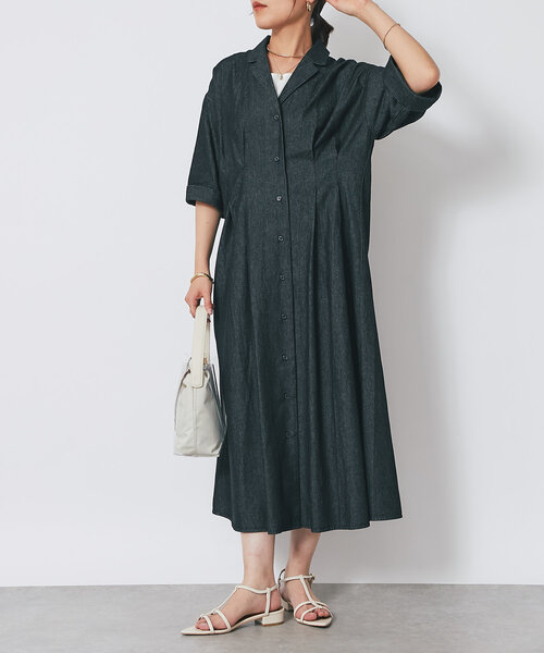 un dix cors（アンディコール）の「《大人カジュアルなムードに》ウエストタックデニムワンピース（シャツワンピース・レディース・ネイビー/ブラック・FREE）」の6枚目の写真