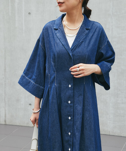 un dix cors（アンディコール）の「《大人カジュアルなムードに》ウエストタックデニムワンピース（シャツワンピース・レディース・ネイビー/ブラック・FREE）」の3枚目の写真