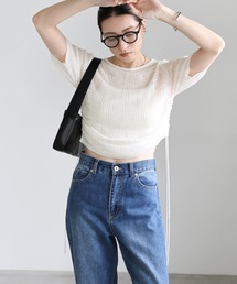 サイドギャザリングシアーニットトップス