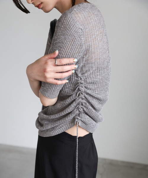セール】サイドギャザリングシアーニットトップス（ニット