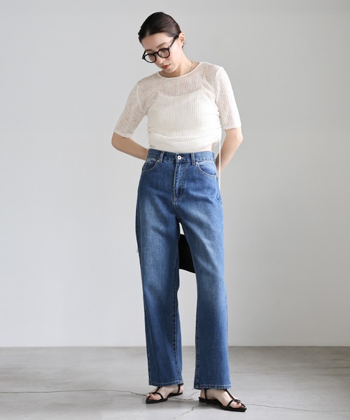 select MOCA(セレクトモカ)の「サイドギャザリングシアーニットトップス(ニット/セーター・レディース・チャコールグレー/オフホワイト/ブラウン・FREE)」の6枚目の写真