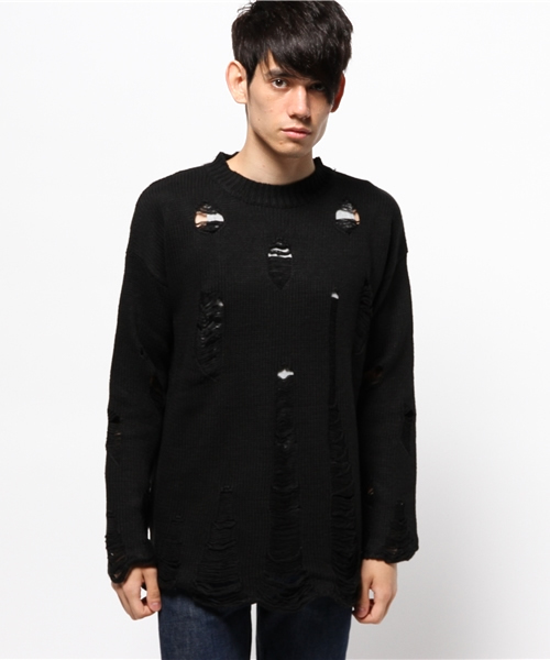 WHO'S WHO gallery（フーズフーギャラリー）の「【GIGGER】クラッシュニット（ニット/セーター・メンズ・グレー/ブラック・FREE）」の2枚目の写真