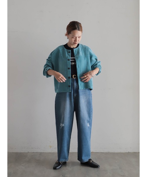 FIL DE FER（フィルデフェール）の「ベロアランダムリブ　ショートカーデ（カーディガン/ボレロ・レディース・ブルー/ライトグリーン・FREE）」の4枚目の写真