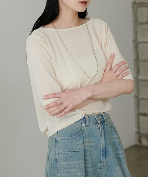韓国トレンド Tシャツ カットソー 5分袖 ドレープ プルオーバー LARUTA】シアーベロア5分袖ドレーププルオーバー（Tシャツ