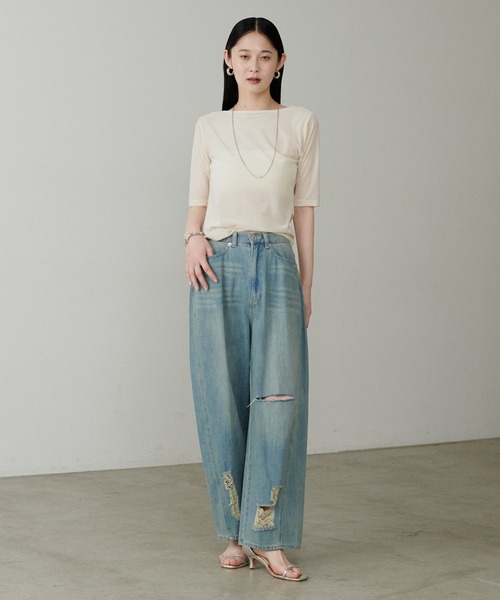 韓国トレンド Tシャツ カットソー 5分袖 ドレープ プルオーバー LARUTA】シアーベロア5分袖ドレーププルオーバー（Tシャツ