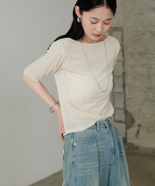 韓国トレンド Tシャツ カットソー 5分袖 ドレープ プルオーバー LARUTA】シアーベロア5分袖ドレーププルオーバー（Tシャツ