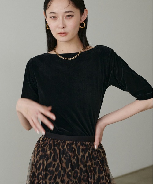 LARUTA（ラルータ）の「【LARUTA】シアーベロア5分袖ドレーププルオーバー（Tシャツ/カットソー・レディース・アイボリー/イエロー/ダークブラウン/ブラック・FREE）」の8枚目の写真