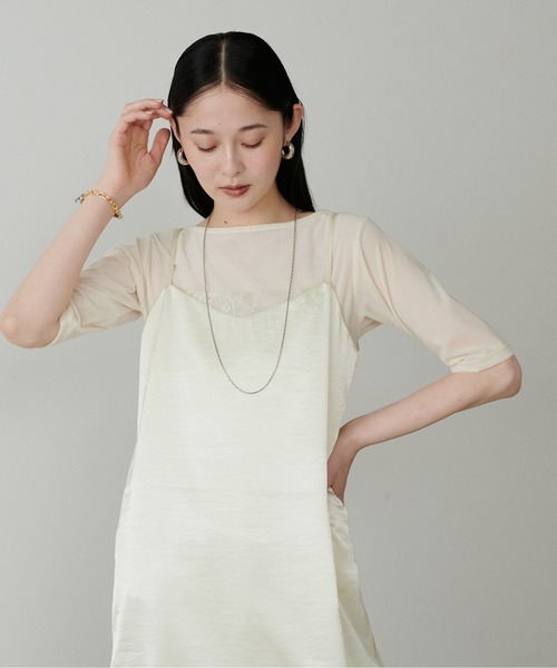 韓国トレンド Tシャツ カットソー 5分袖 ドレープ プルオーバー LARUTA】シアーベロア5分袖ドレーププルオーバー（Tシャツ