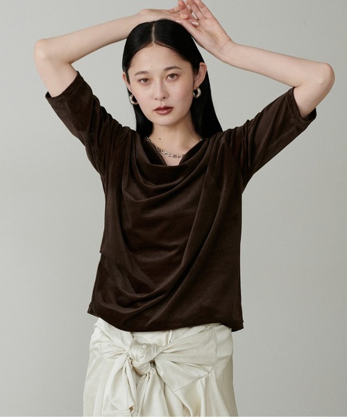 韓国トレンド Tシャツ カットソー 5分袖 ドレープ プルオーバー LARUTA】シアーベロア5分袖ドレーププルオーバー（Tシャツ
