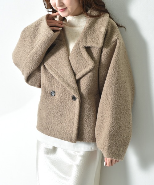 セール】ブークレツイードダブルショート丈コート（ピーコート