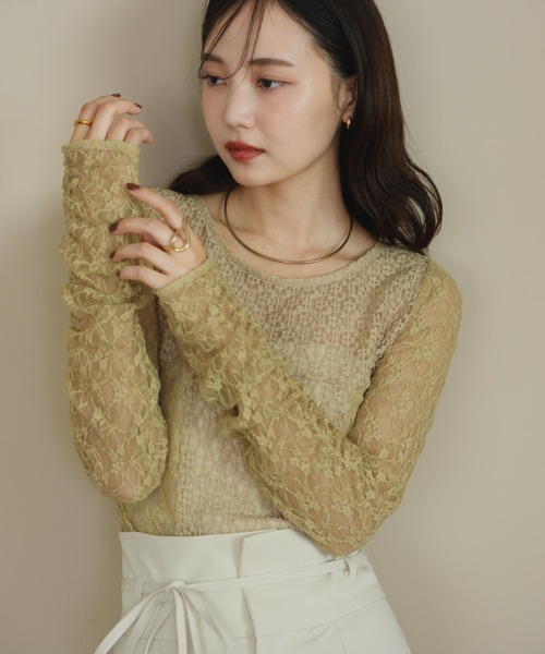 hinari(ヒナリ)の「切り替えレーストップス(Tシャツ/カットソー・レディース・アイボリー/ブラック/グレイッシュベージュ/グリーン・FREE)」の8枚目の写真
