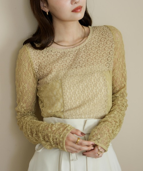 hinari(ヒナリ)の「切り替えレーストップス(Tシャツ/カットソー・レディース・アイボリー/ブラック/グレイッシュベージュ/グリーン・FREE)」の17枚目の写真