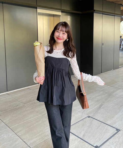 hinari(ヒナリ)の「切り替えレーストップス(Tシャツ/カットソー・レディース・アイボリー/ブラック/グレイッシュベージュ/グリーン・FREE)」の21枚目の写真