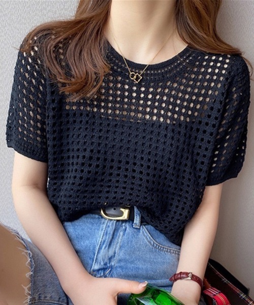Beststore(ベストストア)の「透け感 カットソー 半袖 透かし編み シアーニット(ニット/セーター・レディース・ライトベージュ/ブラック/ホワイト・FREE)」の2枚目の写真