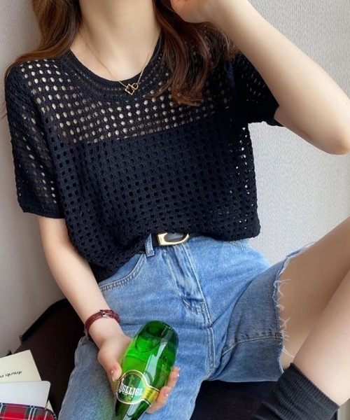 Beststore(ベストストア)の「透け感 カットソー 半袖 透かし編み シアーニット(ニット/セーター・レディース・ライトベージュ/ブラック/ホワイト・FREE)」の6枚目の写真