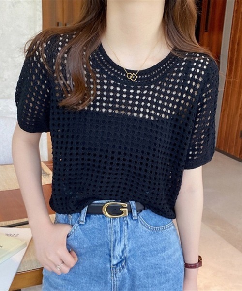 Beststore(ベストストア)の「透け感 カットソー 半袖 透かし編み シアーニット(ニット/セーター・レディース・ライトベージュ/ブラック/ホワイト・FREE)」の7枚目の写真