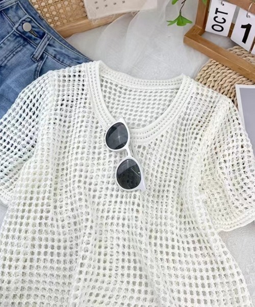 Beststore(ベストストア)の「透け感 カットソー 半袖 透かし編み シアーニット(ニット/セーター・レディース・ライトベージュ/ブラック/ホワイト・FREE)」の9枚目の写真