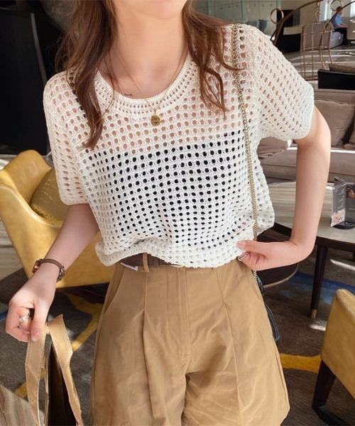 Beststore(ベストストア)の「透け感 カットソー 半袖 透かし編み シアーニット(ニット/セーター・レディース・ライトベージュ/ブラック/ホワイト・FREE)」の8枚目の写真